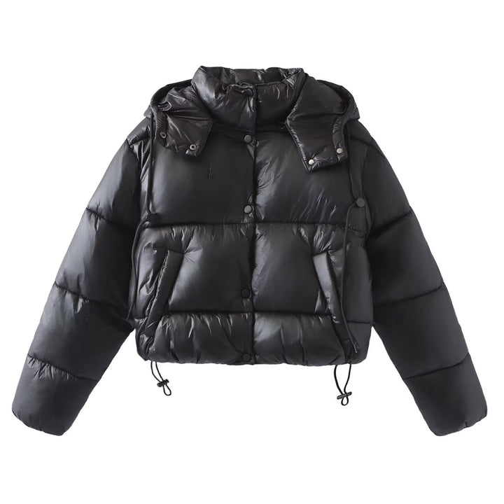 Women Shiny Cropped Puffer Jacket with Drawstring and Snap Button Placket