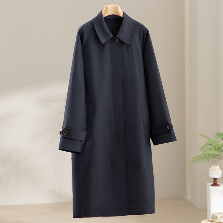 Women Mid-Length Trench Coat with concealed snap placket and adjustable cuffs