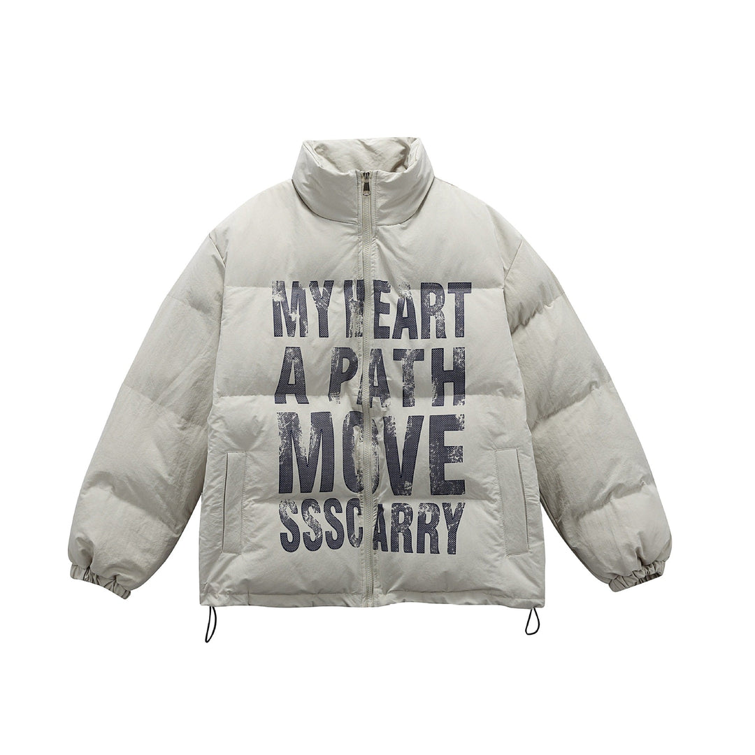 Unisex Oversized Padded Jacket with High Stand Collar and Statement Print