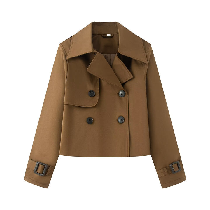 Women Cropped Double-breasted Trench Coat with Wide Lapels and Adjustable Cuffs