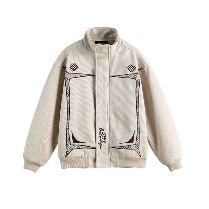Women Lightweight Stand Collar Jacket with Folk Embroidery Appliqués and Ribbed Cuffs
