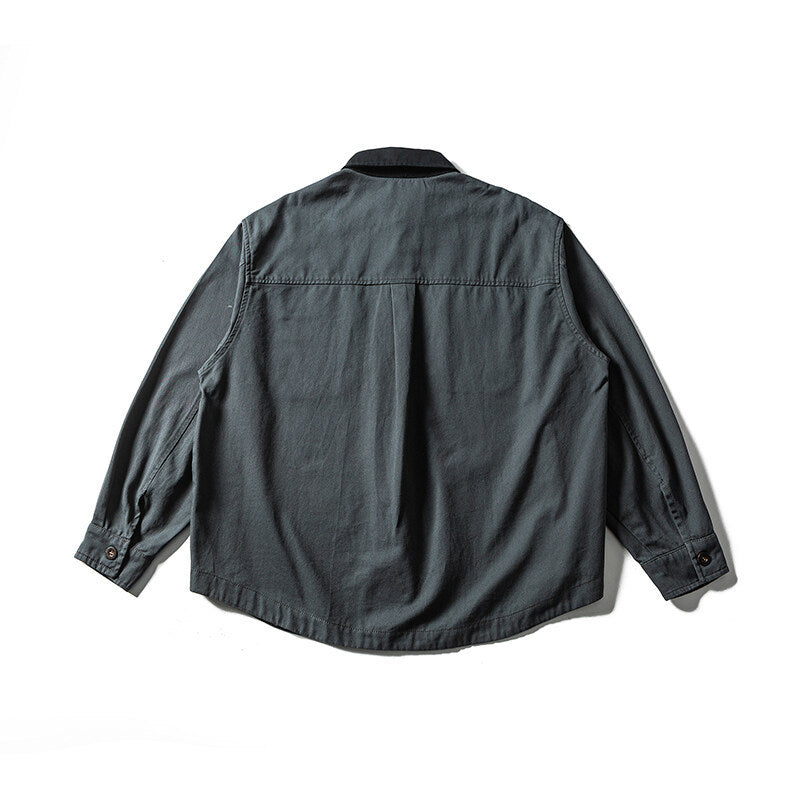 Unisex Oversize Shirt Jacket with Contrast Collar and Checked Lining
