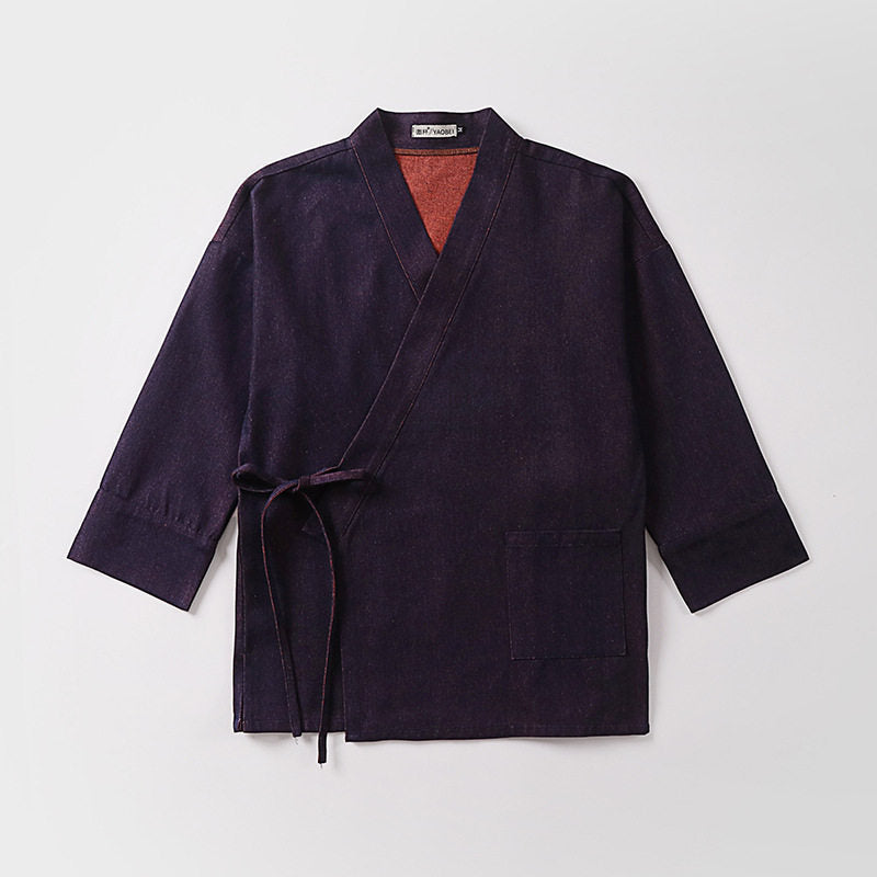 Unisex Lightweight Wrap Kimono Jacket made of Linen-Cotton Blend with Contrast Trim and Tie Belt