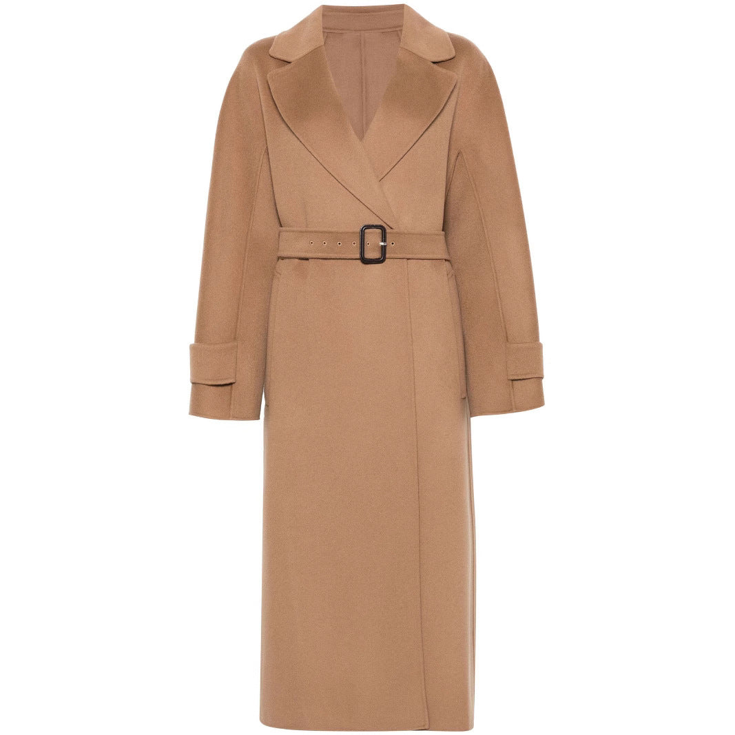 Women’s wrap coat made of wool blend with waist belt and oversized shoulder