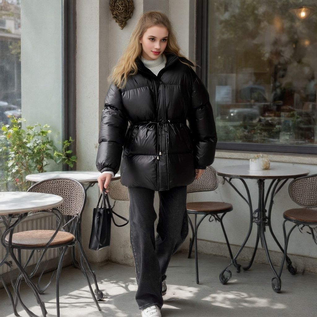 Women Tailored Quilted Jacket in Down Look with Drawstring and Hood