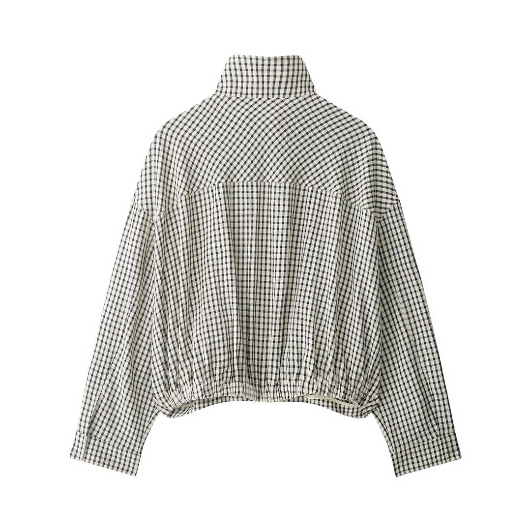Ladies 50+ Cropped Blouson Jacket in Boxy Cut with Stand Collar and Fine Check Pattern