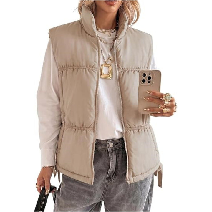 Women’s Padded Sleeveless Vest with Stand-Up Collar and Drawstring