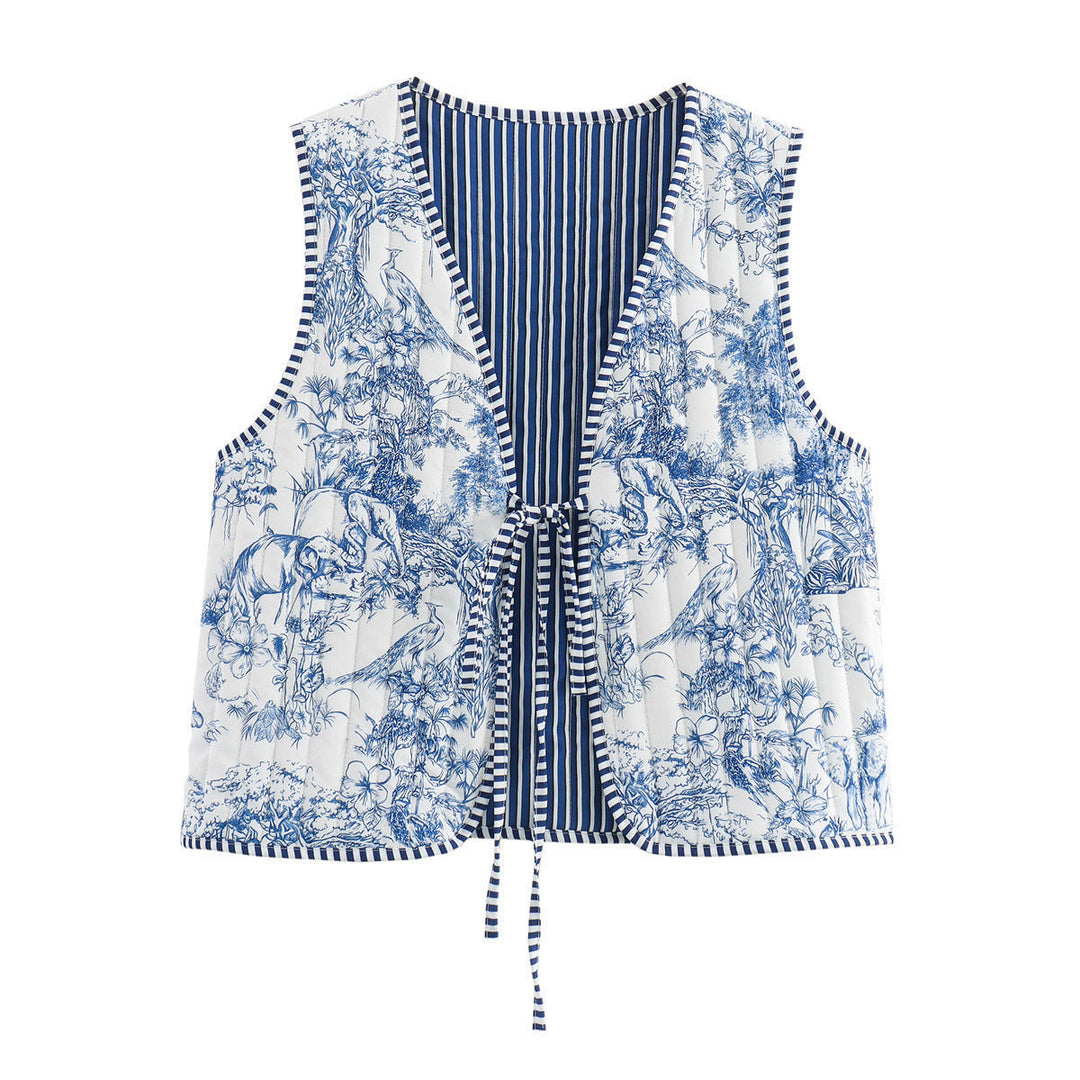 Ladies Quilted Waistcoat with Toile Print, Striped Lining and Drawstring
