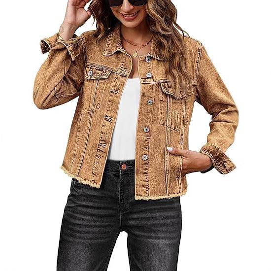 Women Short Cut Denim Jacket with Frayed Hem and Chest Pockets