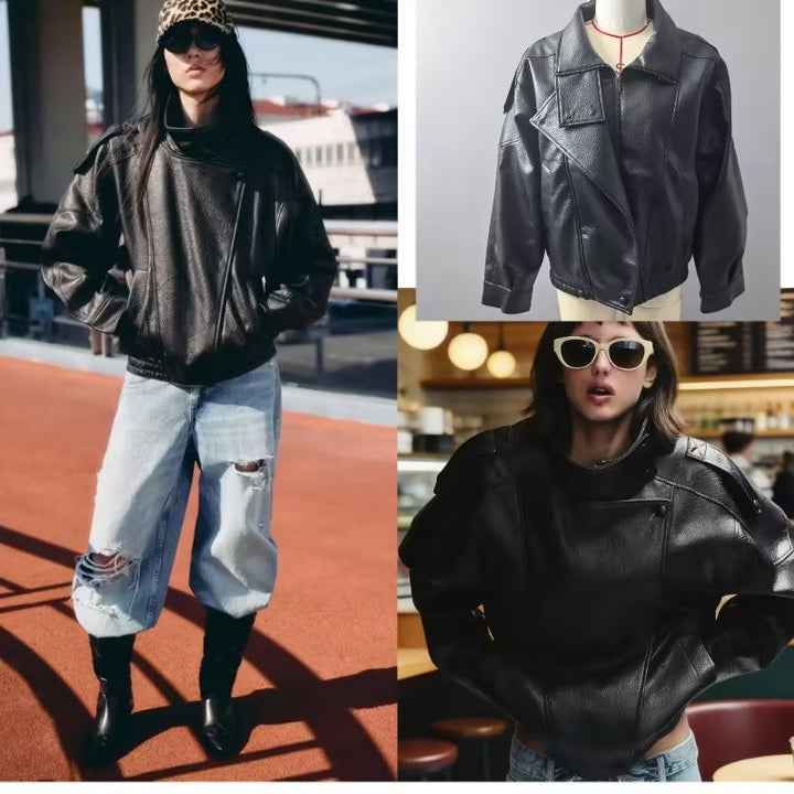 Women Oversized Faux Leather Biker Jacket with Asymmetric Lapel, Stand Collar, and Waist Drawstring