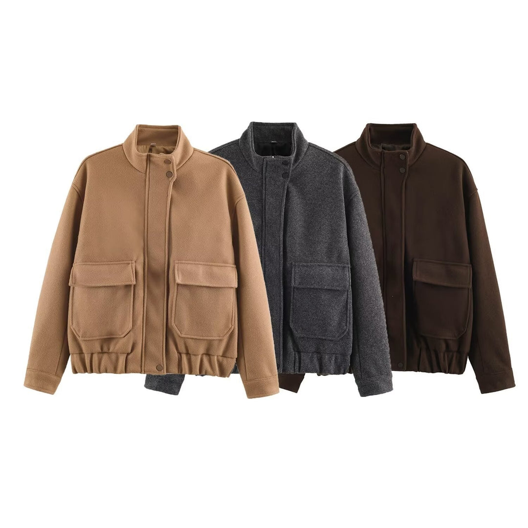Ladies Boxy Wool Blend Blouson Jacket with Stand-Up Collar, Large Flap Pockets and Elastic Hem