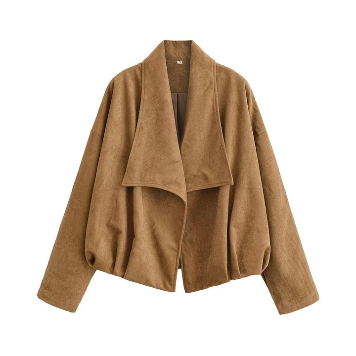 Women’s short jacket in waterfall look with soft velour finish and wide shawl collar