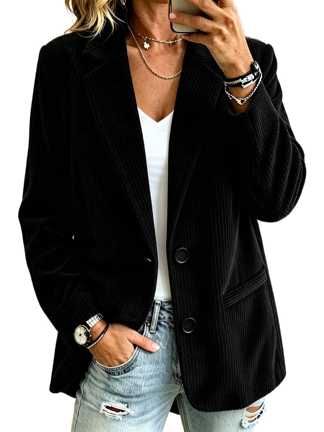 Women’s cord blazer with pinstripe look and oversized cut