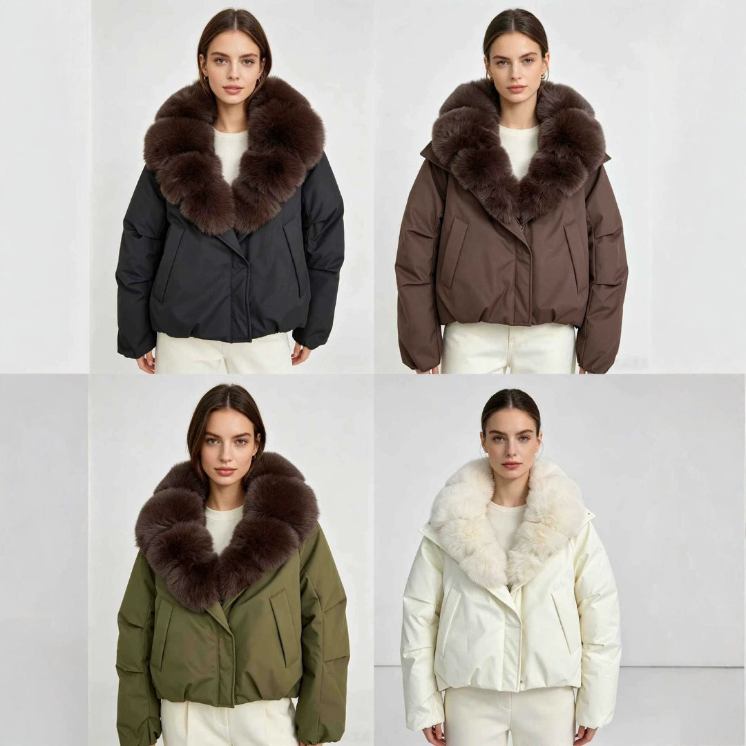 Ladies nan short thermal quilted jacket with voluminous removable faux fur collar and tailored hem