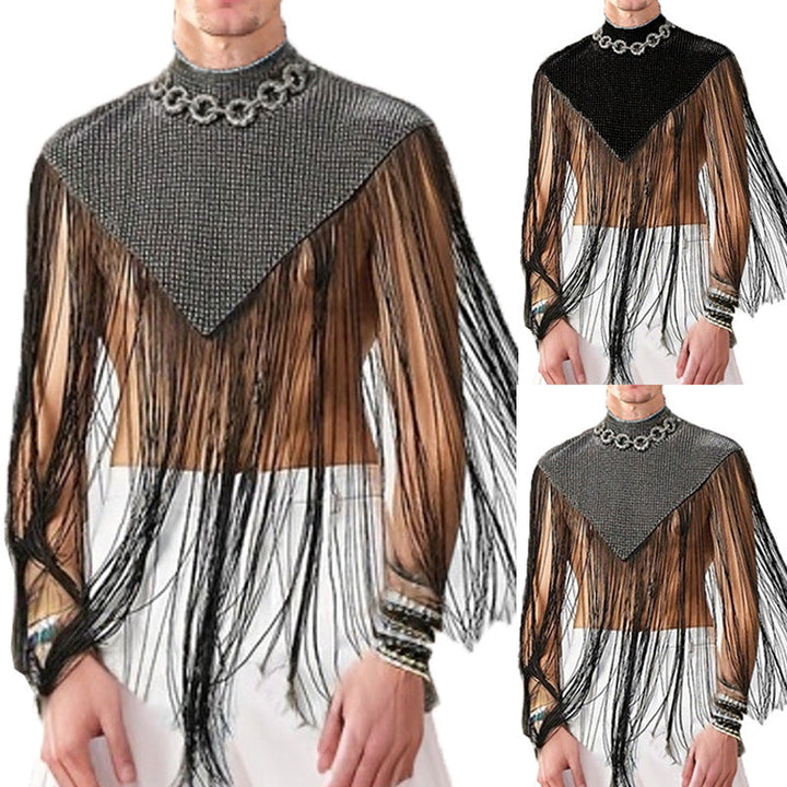 Ladies long fringed cape with turtleneck and V-shaped insert