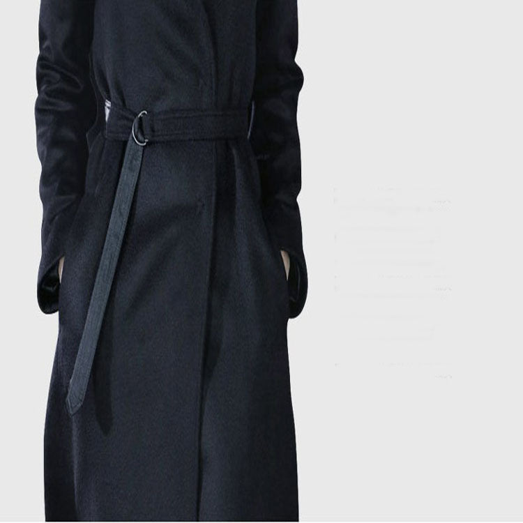 Women’s maxi long tailored wrap long coat with shawl collar and fine tie belt