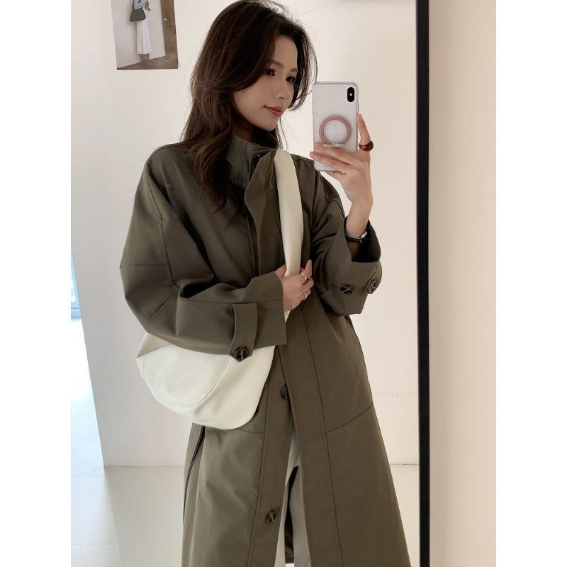 Women Lightweight Oversized Trench Coat with Stand Collar and Large Pockets