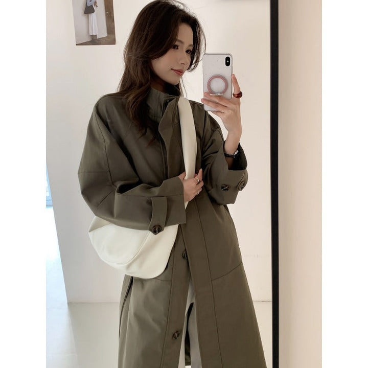 Women Lightweight Oversized Trench Coat with Stand Collar and Large Pockets