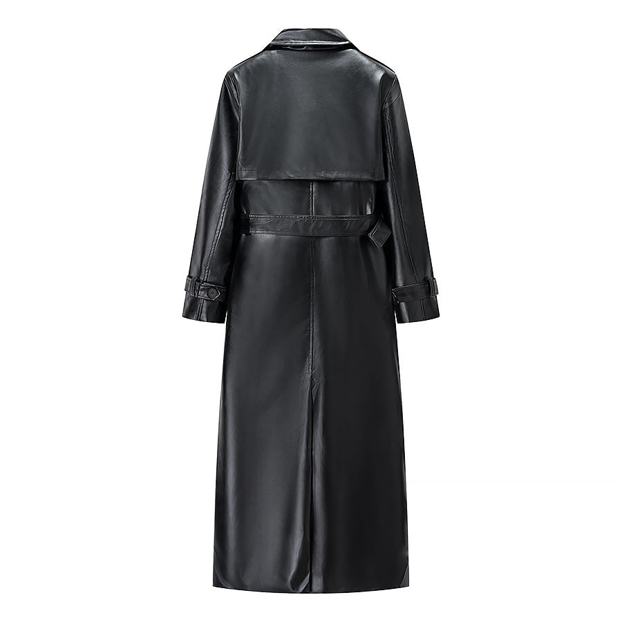 Women Longer Trench Coat in Leather Look with Tie Belt and Epaulettes
