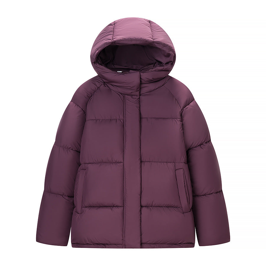 Ladies short padded oversized quilted jacket with high standing collar and hood