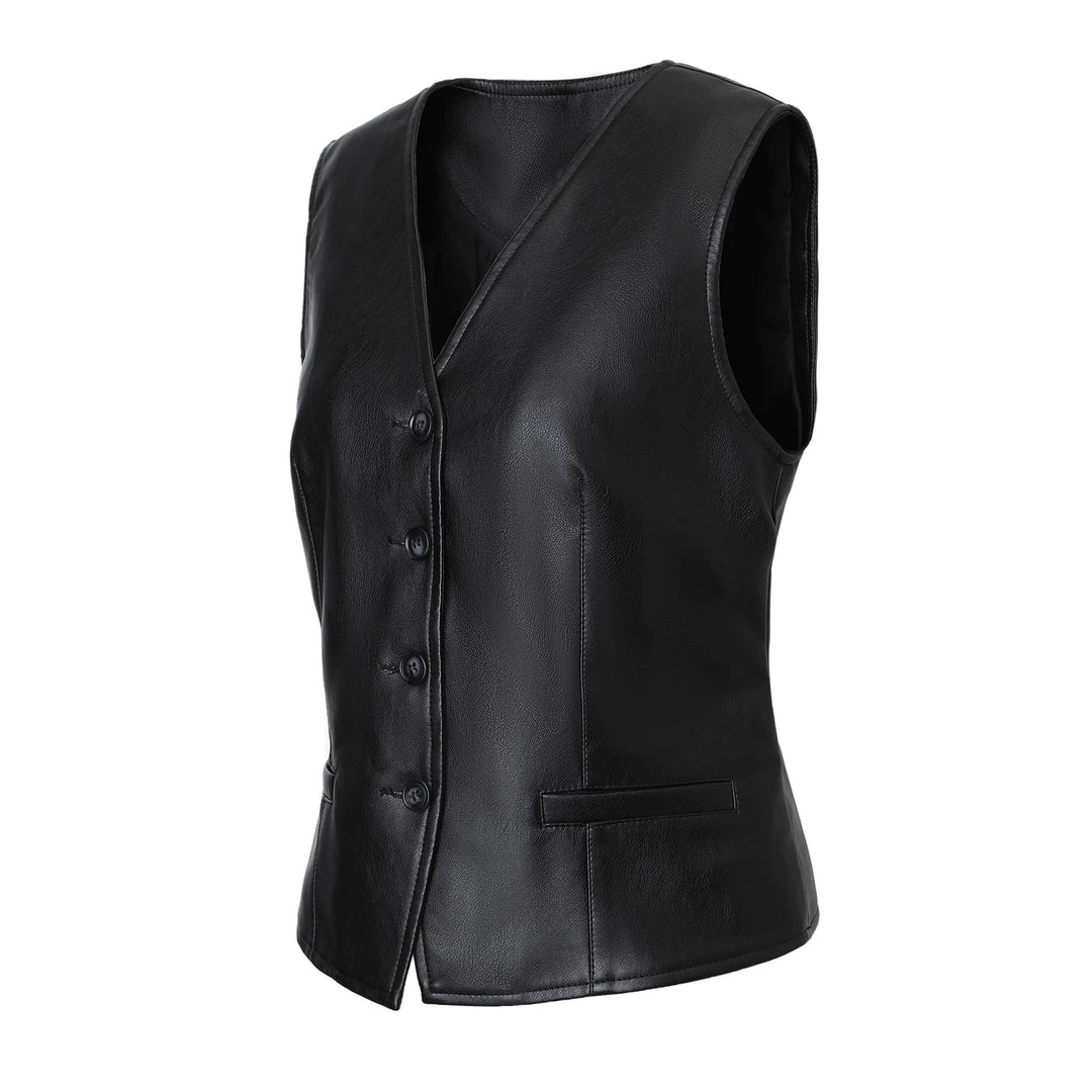 Women Tailored Leather Vest with V-Neck and Button Placket