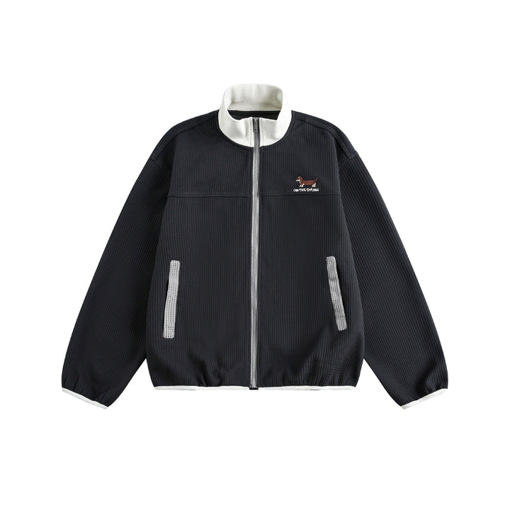 Women’s waffle structure zip jacket in boxy cut with stand-up collar and dog embroidery