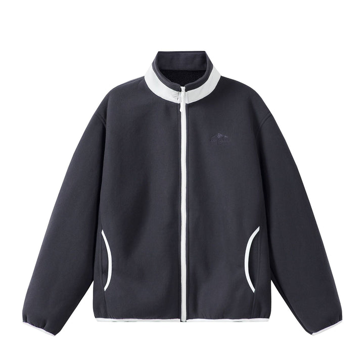 Unisex Oversize Fleece-Zip Jacket with Stand-up Collar and Contrast Piping