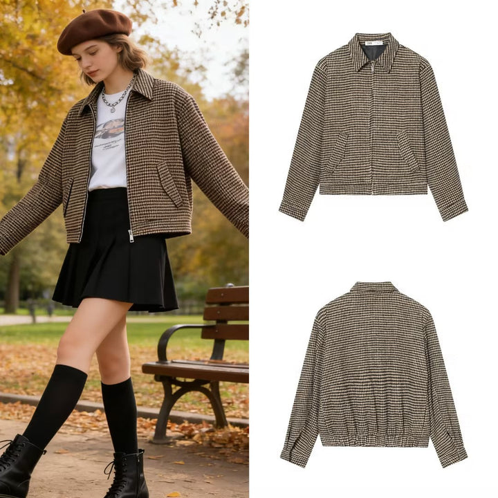 Women Boxy Short Jacket made of Wool Blend with Houndstooth Pattern, Zip and Shirt Collar