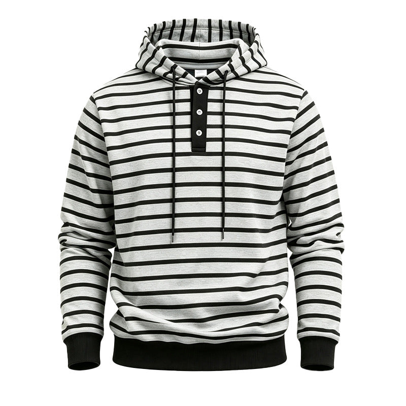 Men Striped Hoodie with Henley Placket, Drawstring and Ribbed Cuffs