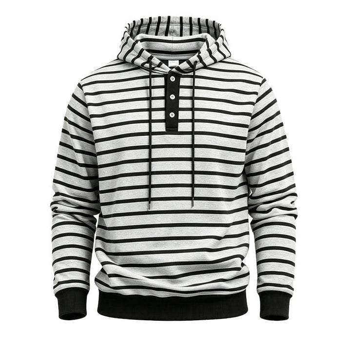 Men Striped Hoodie with Henley Placket, Drawstring and Ribbed Cuffs
