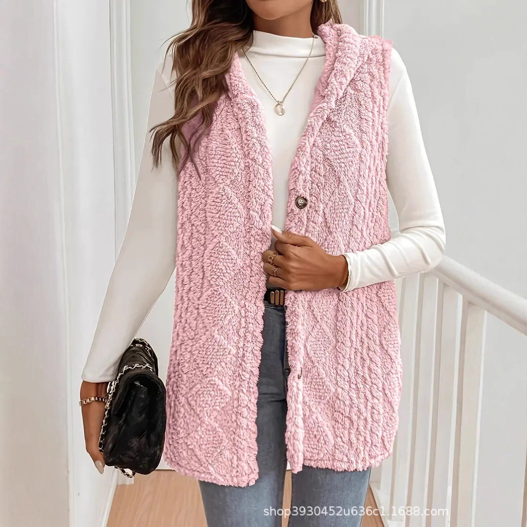 Women Fleece Lined Teddy Vest with Hood and Button Closure