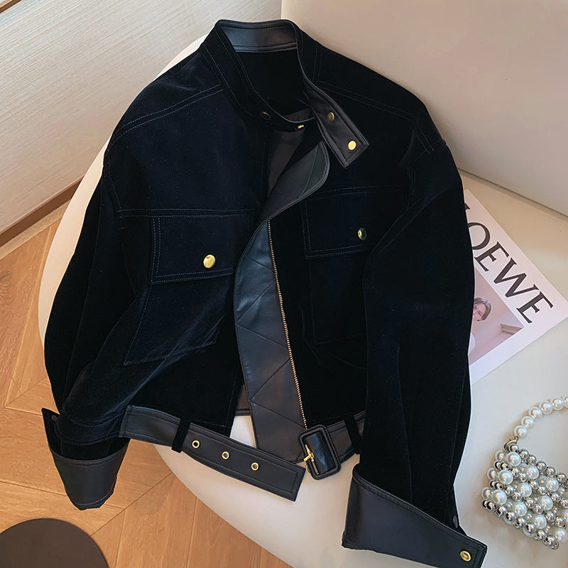 Ladies Stylish Velvety Transitional Jacket with Leather Accents
