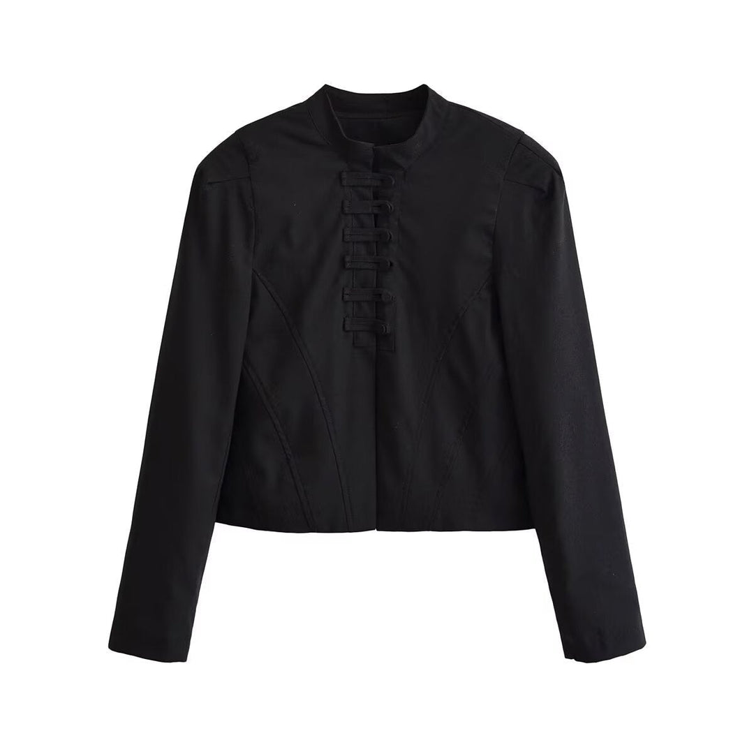 Women short fitted jacket with stand-up collar and decorative loop tape