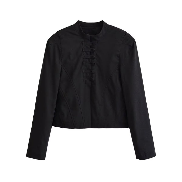 Women short fitted jacket with stand-up collar and decorative loop tape