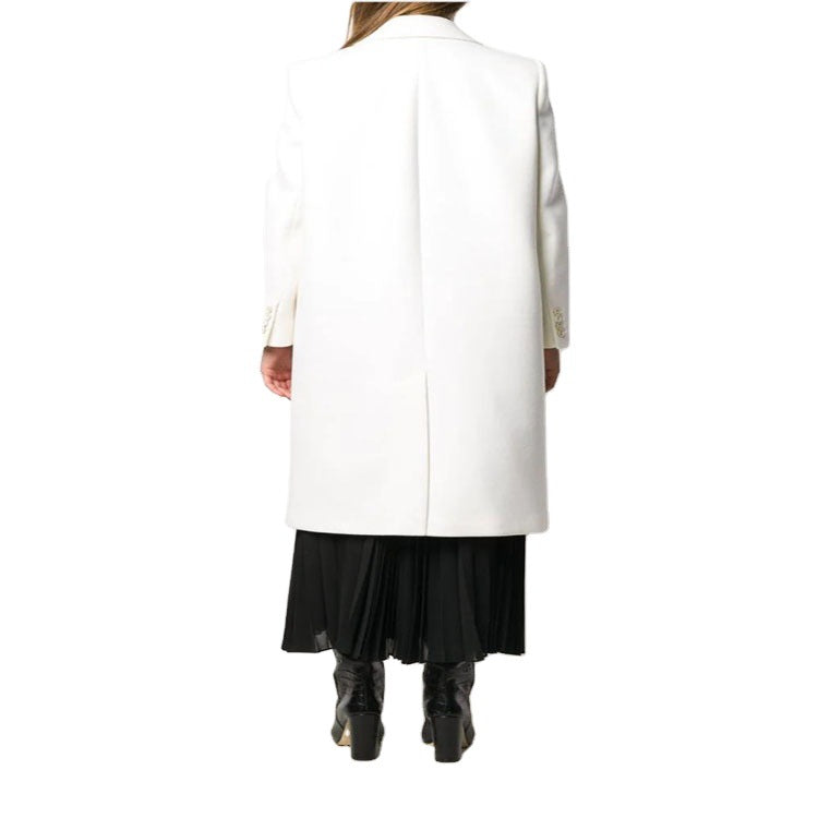 Women Slim Double-Breasted Wool Blend Long Coat with Shawl Collar, Gold Button Detail and Flap Pockets
