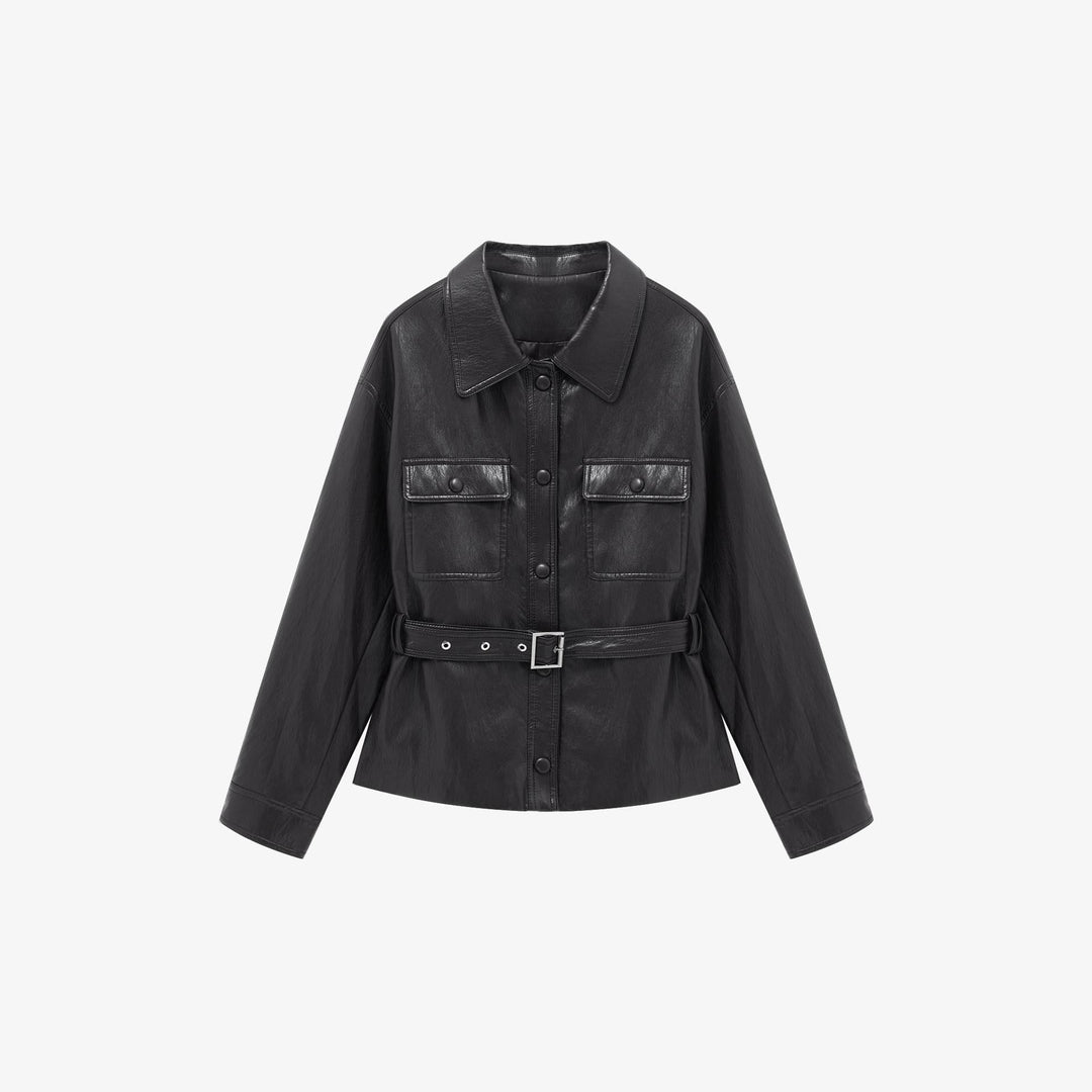 Women’s leather jacket in oversized utility style with waist belt