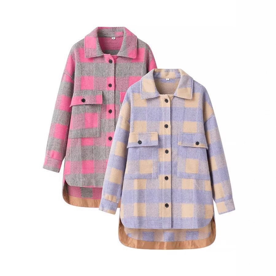 Women Oversize Checked Shirt Jacket with Applied Flap Pockets and Extended Hem