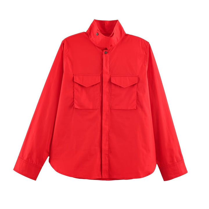 Women’s Oversized Shirt Jacket with Stand Collar and Patch Chest Pockets