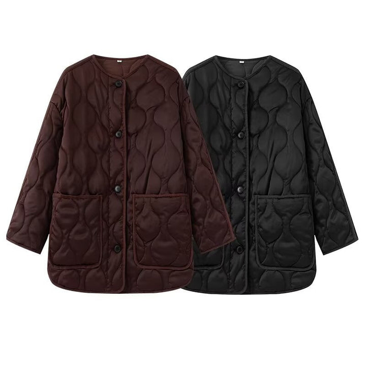 Women Longline Quilted Jacket with Round Neck, Button Placket and Patch Pockets