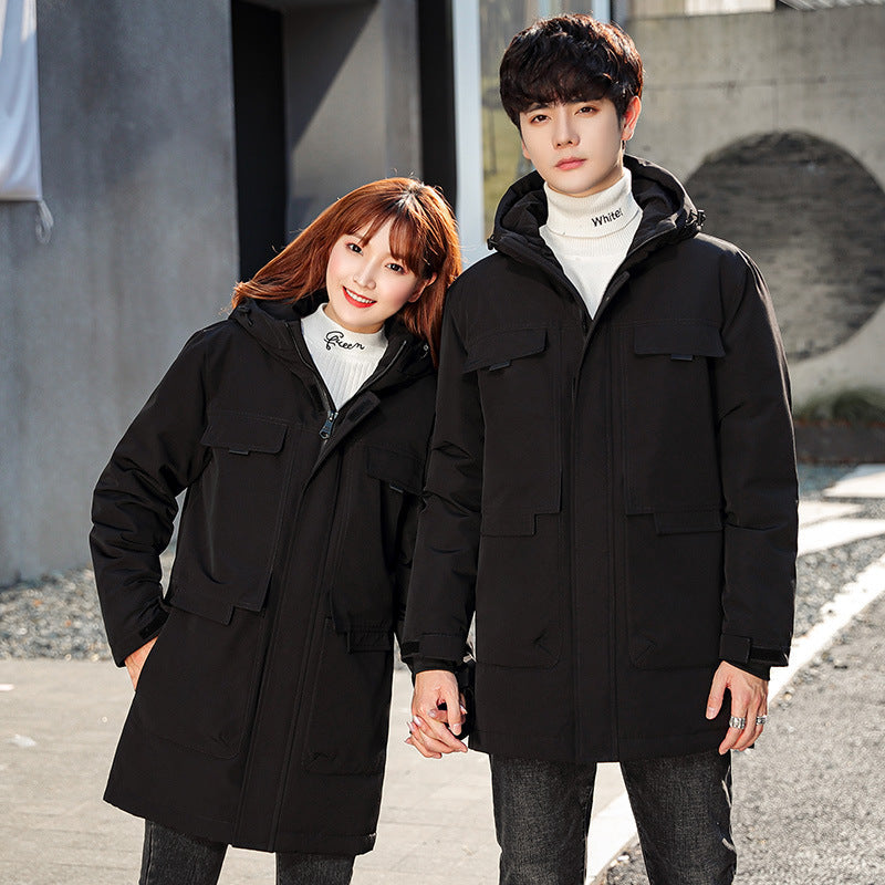Unisex Padded Long Parka with Hood Multi-Pockets and Windproof Thermal Insulation
