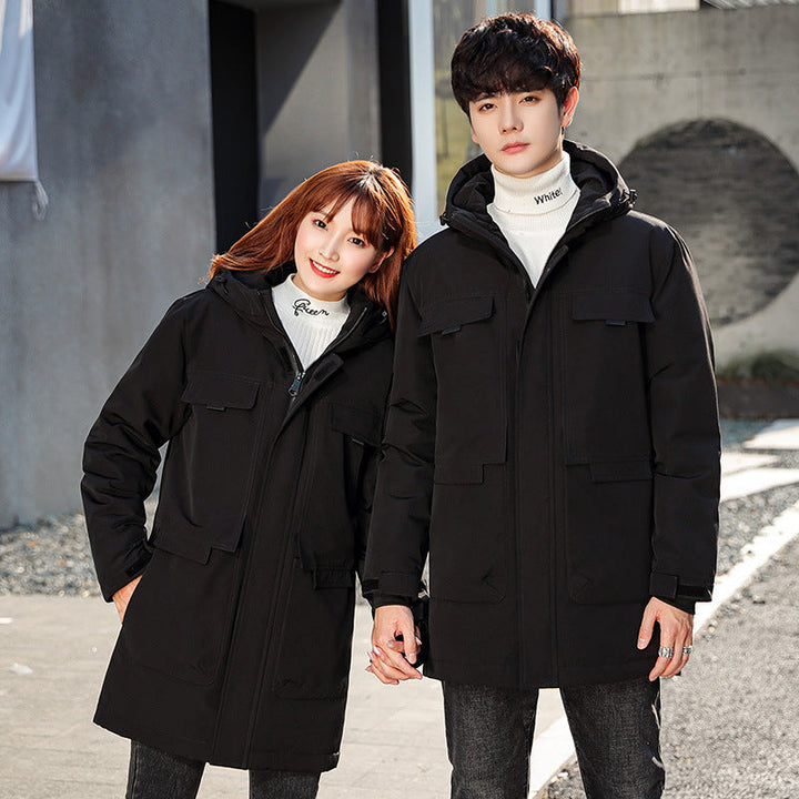 Unisex Padded Long Parka with Hood Multi-Pockets and Windproof Thermal Insulation