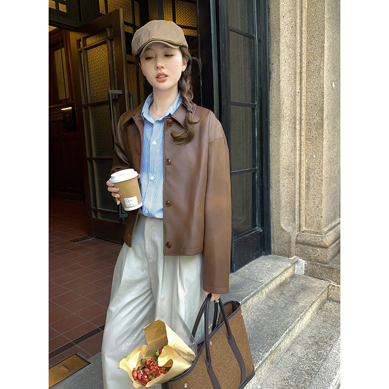 Women Short Boxy Leather Jacket with Shirt Collar