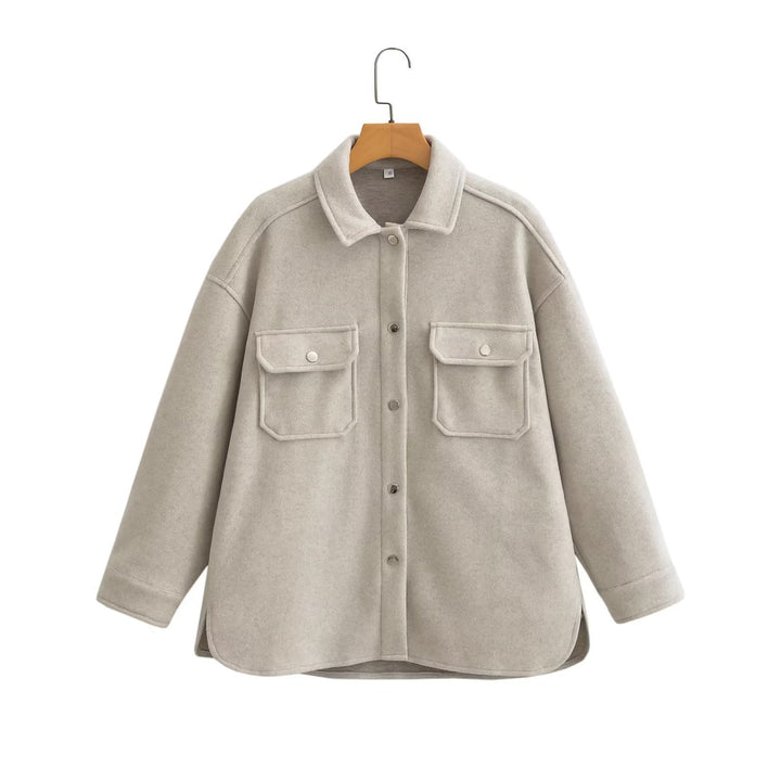 Women Oversize Wool Blend Shacket with Snap Button Front and Patch Pockets