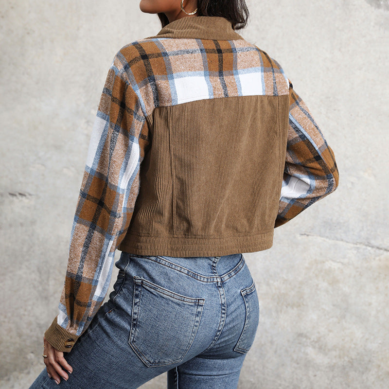 Ladies Short Jacket Cord and Check Mix with Buttons &amp; Breast Pockets