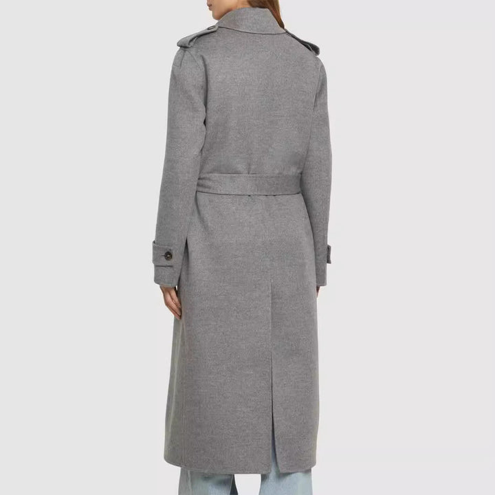 Women Mid-length Tailored Double-breasted Trench Coat made of Wool Blend with Flared Hem