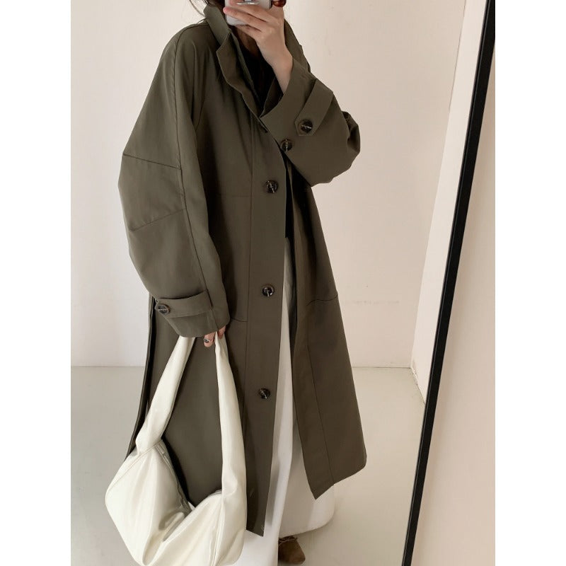 Women Lightweight Oversized Trench Coat with Stand Collar and Large Pockets