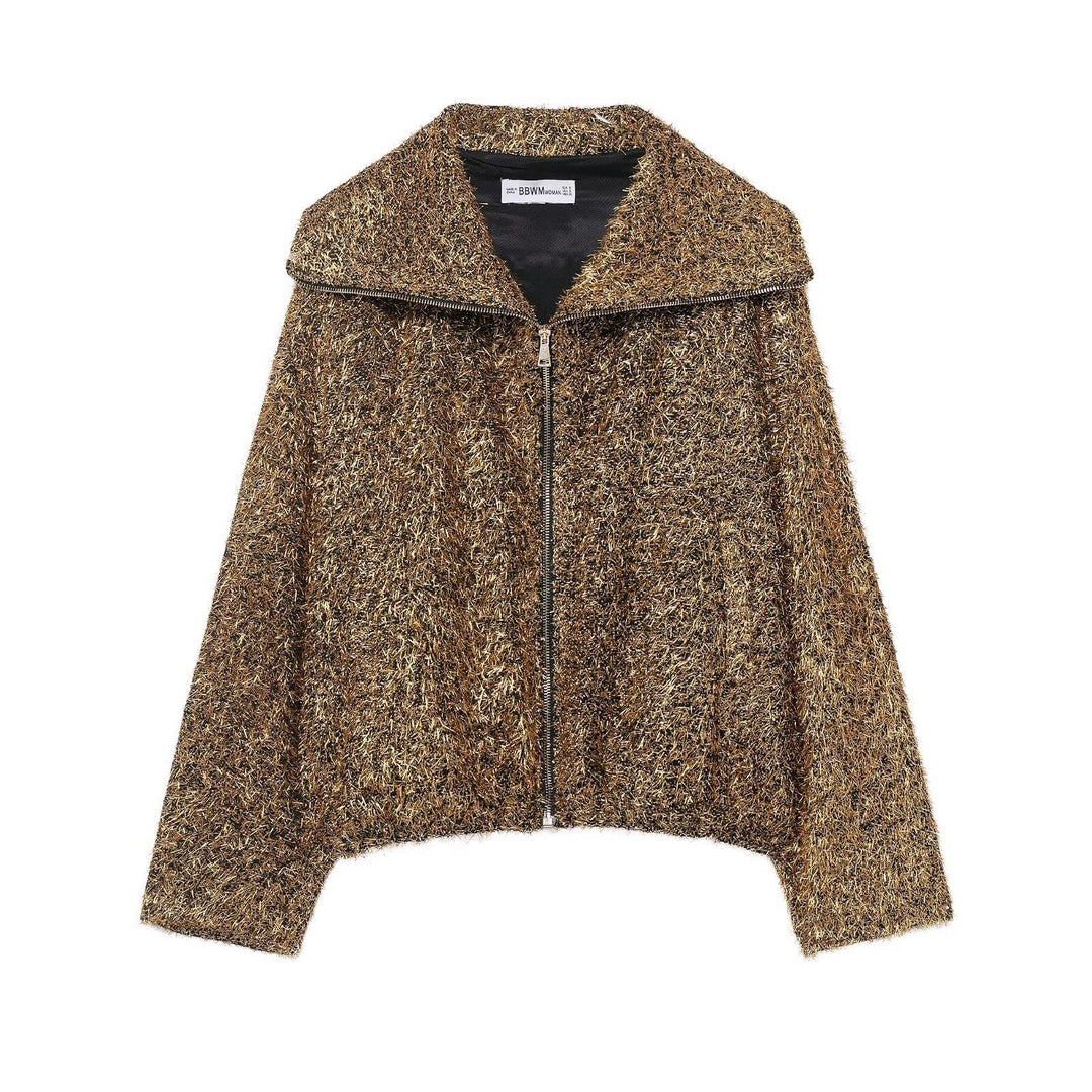 Ladies Glittering Boucle Zip Jacket with Wide Collar and Cropped Boxy Cut