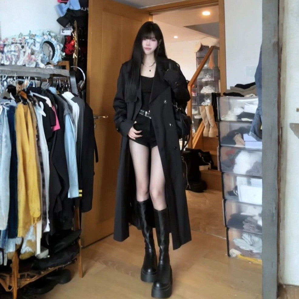 Women Long Double-Breasted Trench Coat with Shawl Collar, Oversized Cut and Concealed Waistband
