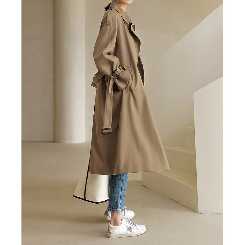 Women Lightweight Knee-Length Double-Breasted Trench Coat Made of Cotton Blend with Epaulettes and Buckle Cuffs