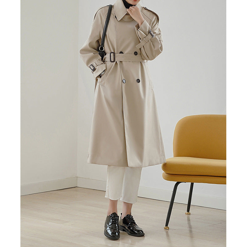 Women Lightweight Knee-Length Double-Breasted Trench Coat Made of Cotton Blend with Epaulettes and Buckle Cuffs